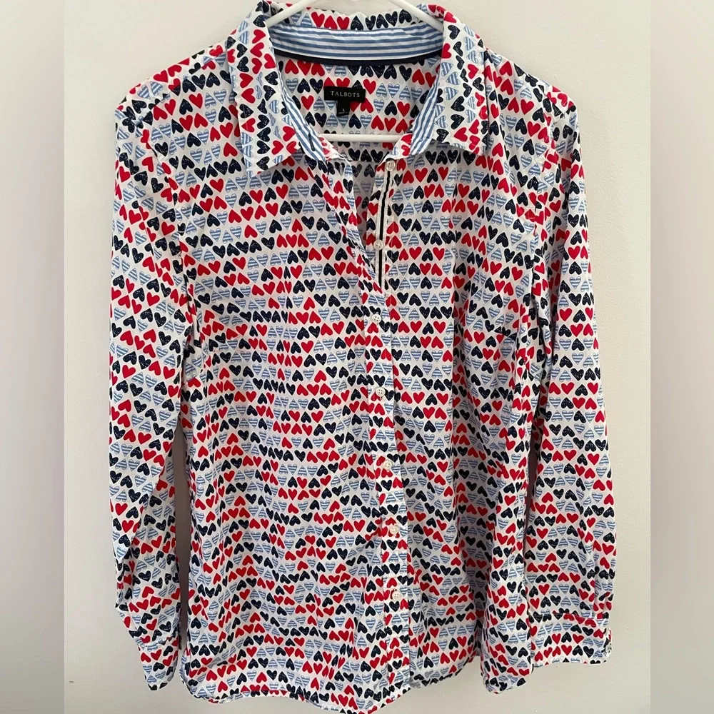 Talbots Red, White and Blue Heart Print Shirt - Picture 4 of 7